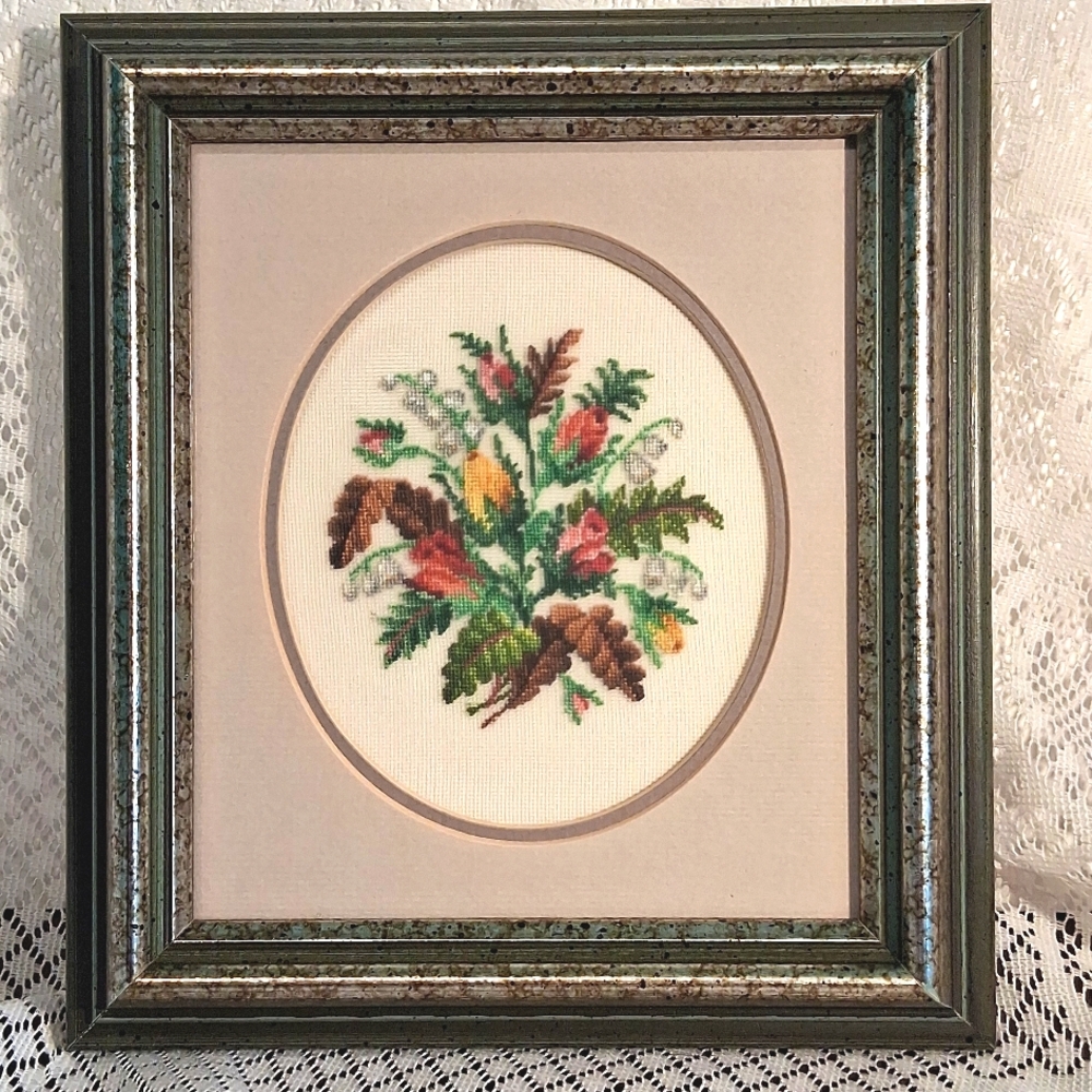Petit Point  Floral & Fauna Double Matted, Framed Under Glass 3414